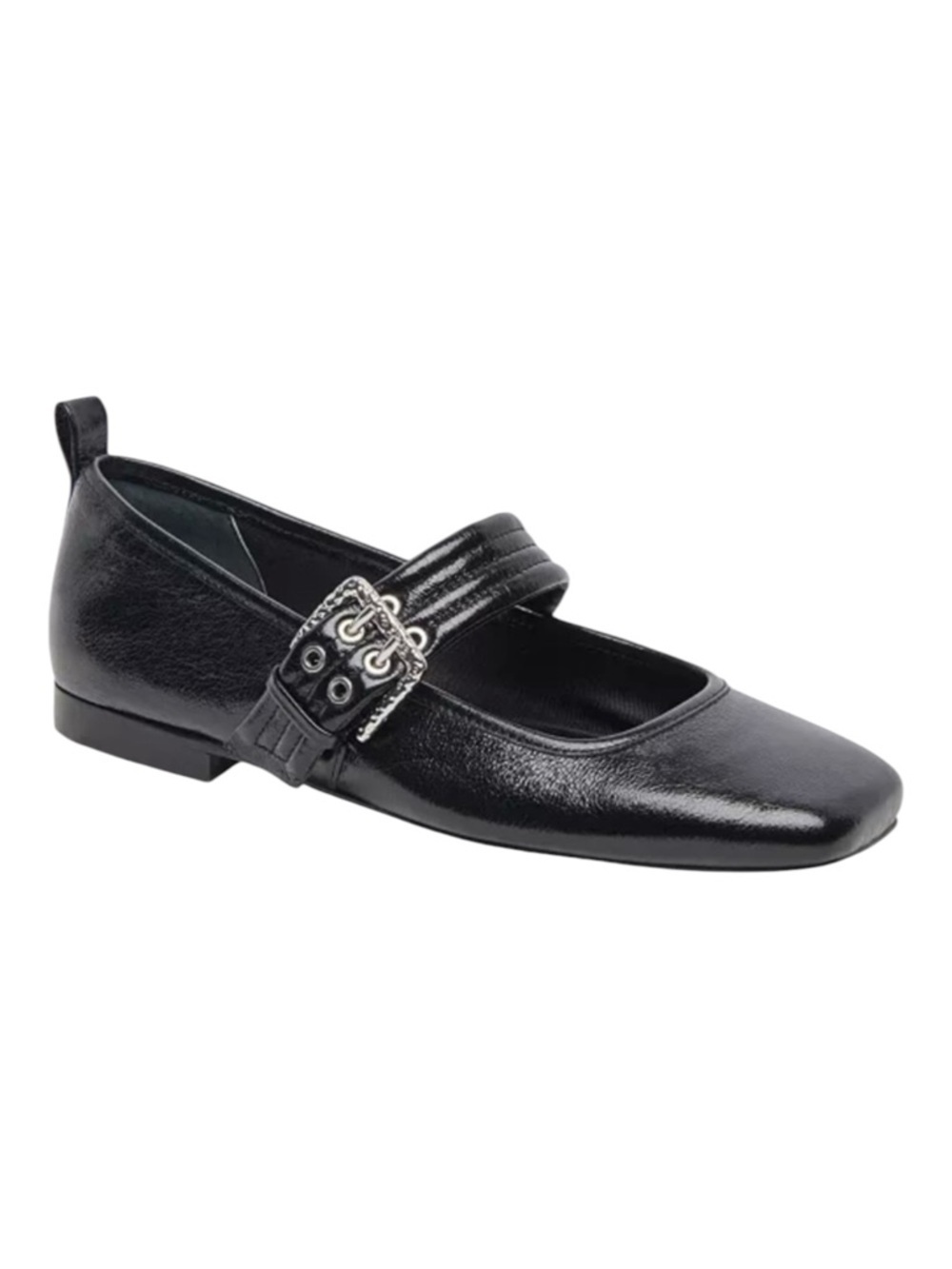 Dolce Vita Arora Black Leather Flats with Silver Buckle, Square Toe, Ballet, 6